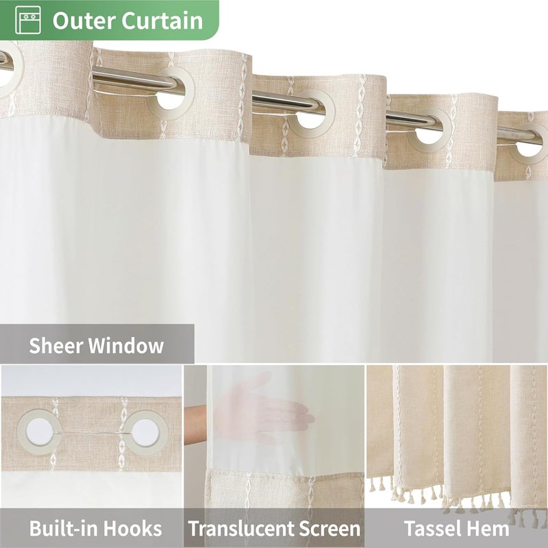 eachope No Hook Extra Long Shower Curtain Set with Snap-in Liner,Linen Textured Thick Striped Fabric with Tassels,Boho Chic Modern Farmhouse Bathroom Curtain,Water-Repellent,Cream/Beige,71x86 - Image 4